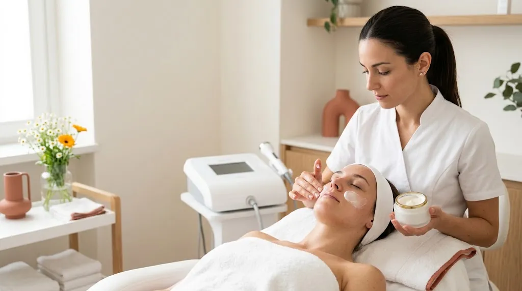 Trattamento viso con crema professionale in un centro estetico