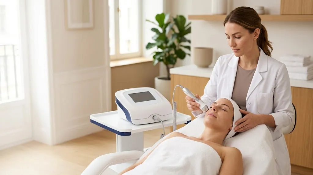 Trattamento estetico al viso con apparecchio professionale in un centro